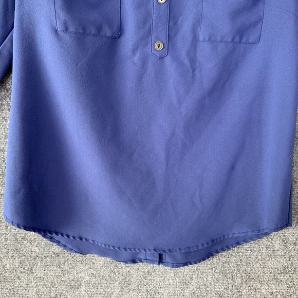 Mine Pullover Blouse Sz S Button Flyaway Back Blue Long Tab Roll Sleeves Career - Picture 3 of 12